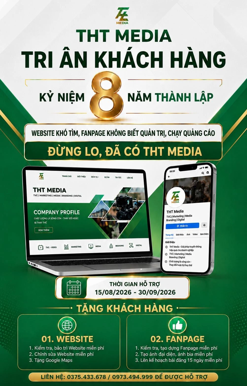 Poster chương trình tri ân 8 năm THT Media: hỗ trợ Website và Fanpage đến 30/09/2026