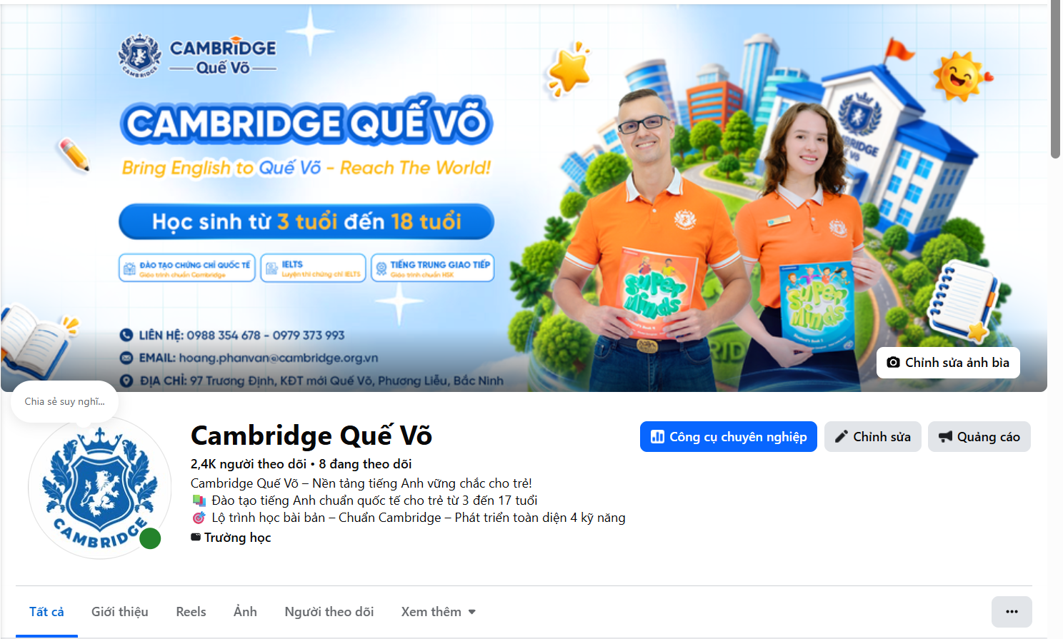 Fanpage Cambridge Quế Võ do THT media tư vấn chiến lược chăm sóc page hiệu quả
