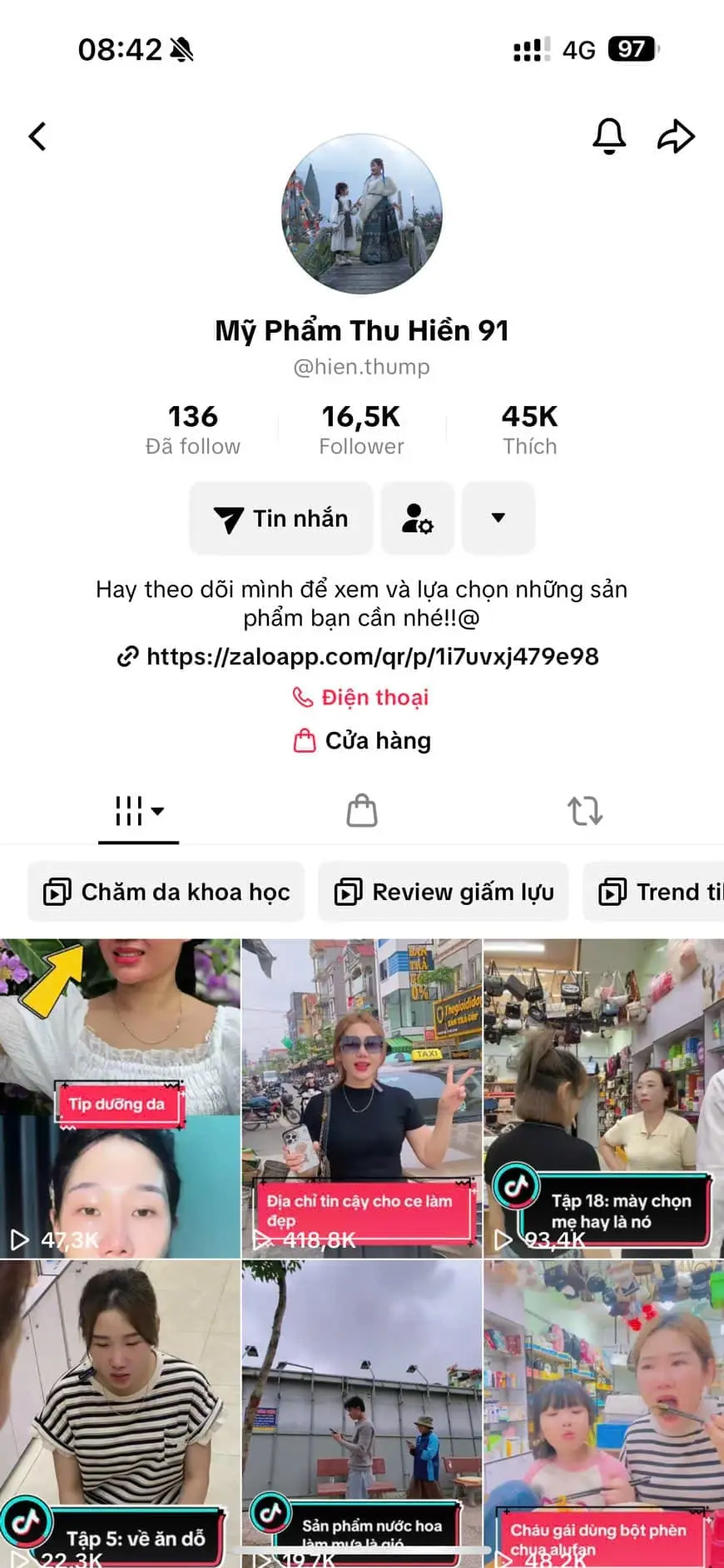 Kênh tiktok Mỹ phẩm Thu Hiền